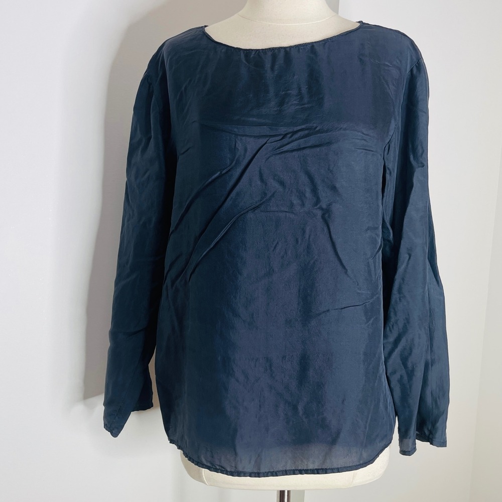 Navy Blue Silk Long Sleeve Blouse Crew Neck Keyhole Back Minimalist Top